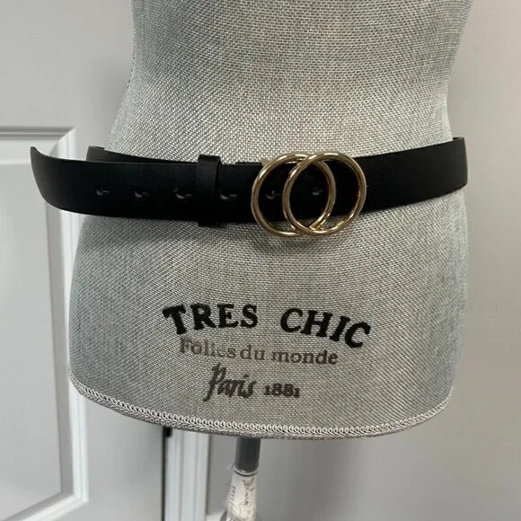 Black Faux Leather Women's Belt w Gold Double O Ring Closure Size M EUC - Picture 2 of 4